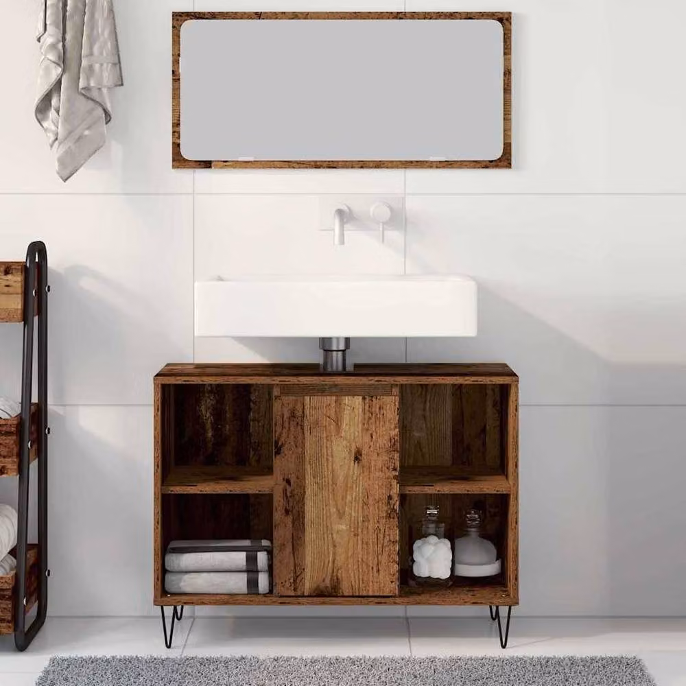 Berkfield Home Old Wood Rustic Brown Freestanding Bathroom Cabinet with Doors and Open Shelves – 3