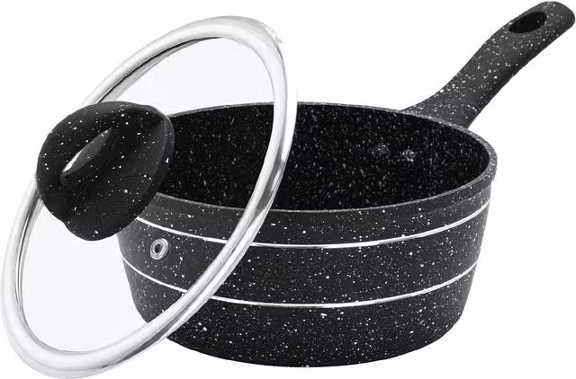 Royalford Non-Stick Granite Coating Multipurpose Saucepan with Glass Lid, Black, Diameter: 16 cm – 1