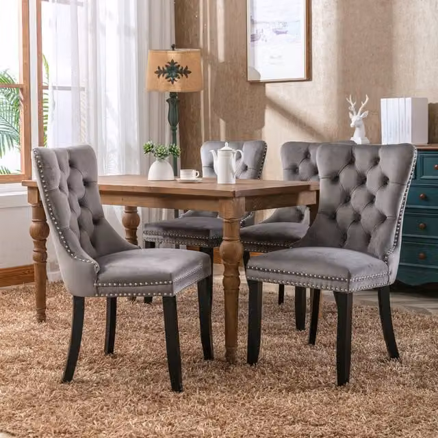 Modern Home Touch Romsey Set of 2 Grey Velvet Upholstered Dining Chairs with Oak Legs and Knocker Ring Back