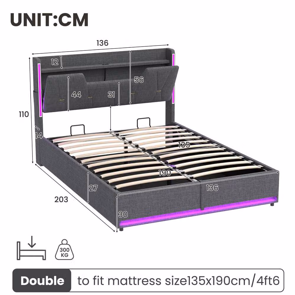 BTM Double Hydraulic Storage Bed with X Shape LED and USB Charging Port, Grey, W/D/H: 140 x 200 cm – 8