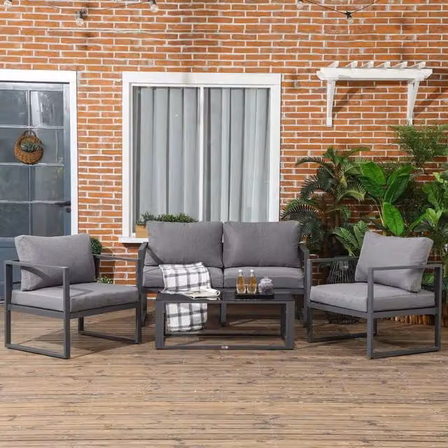 Outsunny Modern Grey Garden Sofa Set with 1 Bench and 2 Single Armchairs