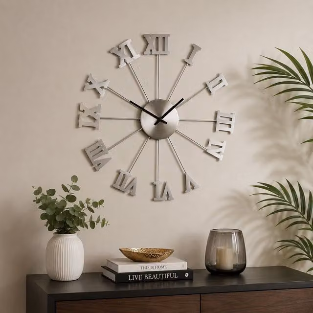 Orsina Roman Numerals Metal Wall Clock in Silver, Diameter: 51 cm – 2
