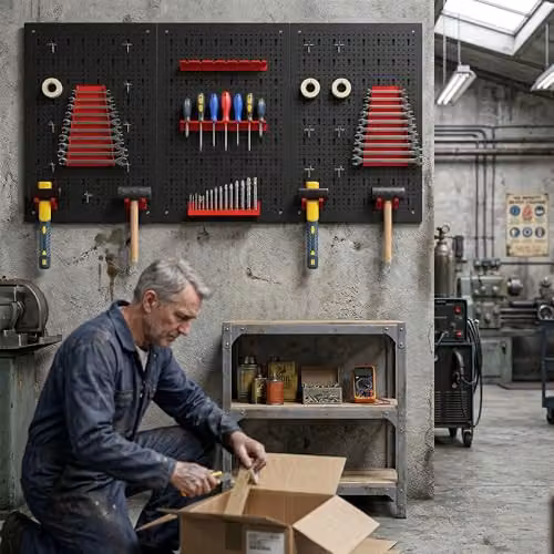 HOMCOM 38 Piece Wall-Mounted Galvanised Steel Pegboard with Hooks, 4 Panels, Black and Red – 5