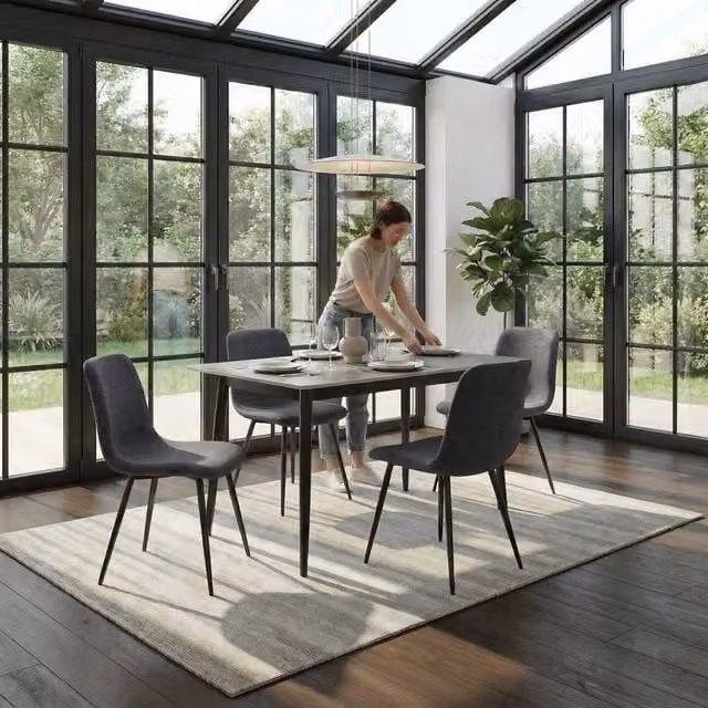 FWStyle Evie Set of 4 Grey Fabric Dining Chairs with Black Metal Legs – 1