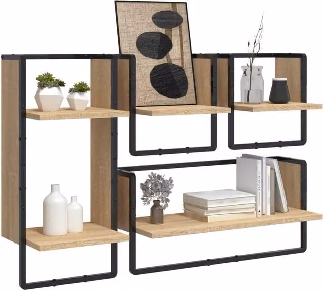 Berkfield Home 4 Piece Decorative Wall Shelf Set with Hanging Rods in Sonoma Oak and Light Brown
