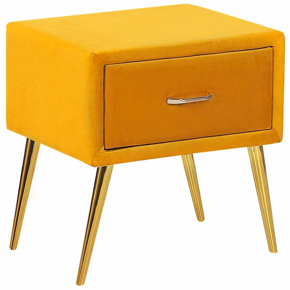 Wyld and Coco Yellow Velvet Bedside Table with Gold Metal Legs and 1 Drawer – 2