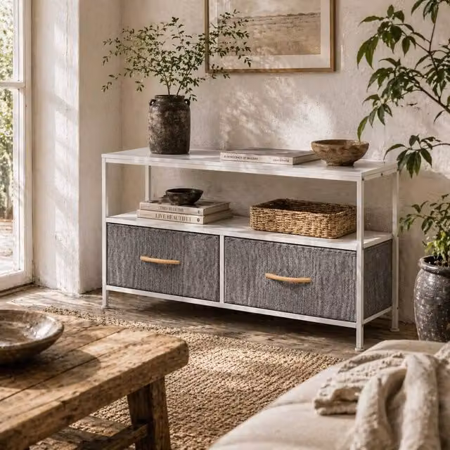 Wyld Haus Avavale TV Stand in White and Grey with 2 Foldable Fabric Drawers, W: 98 cm, D: 29 cm, H: 56 cm – 1
