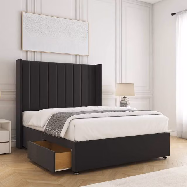 BSSPOKE Hannah Double Divan Bed with 2 Drawers, Footend and 54 inch Headboard in Black Velvet Fabric, W/D/H: 140 x 200 cm