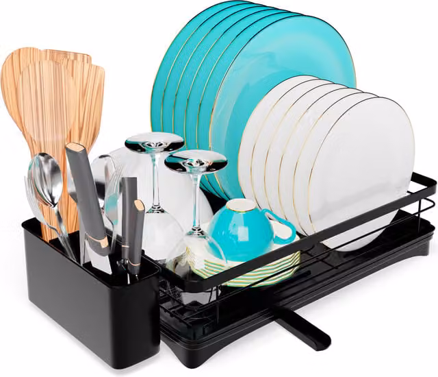 Homiu Black Dish Drainer with Swivel Spout, Cutlery Holder and Drip Tray, W: 42.0 cm, D: 30.0 cm, H: 13.5 cm
