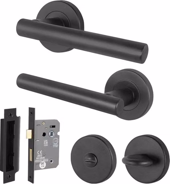 AFIT Black Round Rose Bathroom Door Handles with T-Bar Turn Release WC Lock – 1