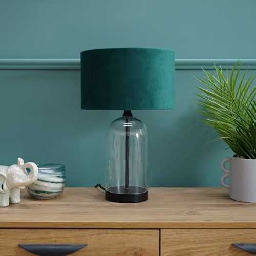 ValueLights Modern Bedside Table Lamp with Glass and Black Metal Base and Forest Green Velvet Lampshade, Includes Warm White LED Bulb – 2