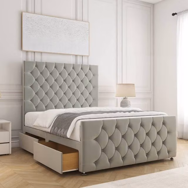 BSSPOKE Maya Velvet Super King Divan Bed with 54 inch Headboard, 20 inch Footboard, 4 Drawers and Mattress in Silver