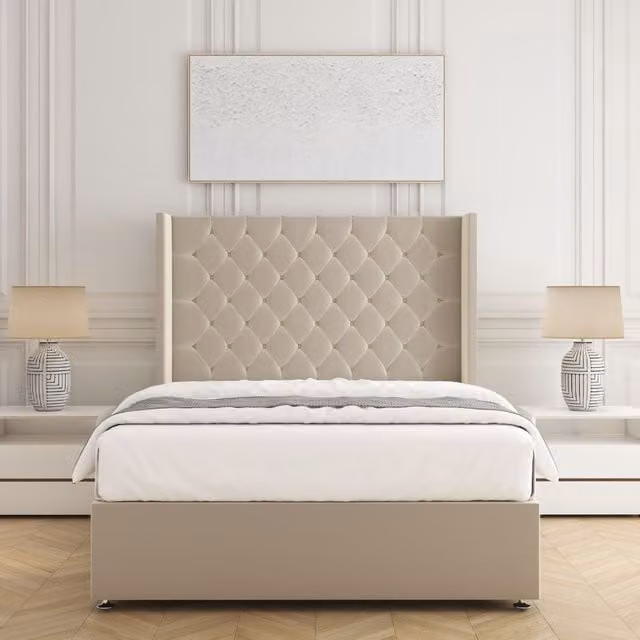 BSSPOKE Winchester Divan Bed Set with 54 inch Headboard and Mattress in Beige Plush Velvet, W/D/H: 180 x 200 cm
