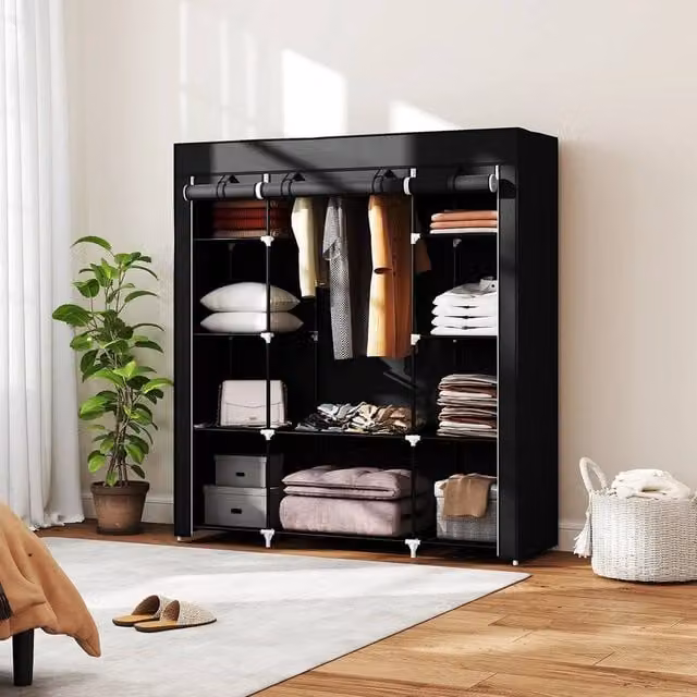EONLION Portable Fabric Wardrobe in Black with Internal Shelves and Hanging Rod, Width: 100 cm – 1