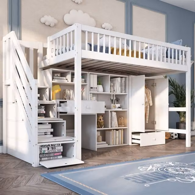 Matteo White Kids Single Loft Bed with Desk, Storage Stairs and Drawers, Pine and MDF – 1