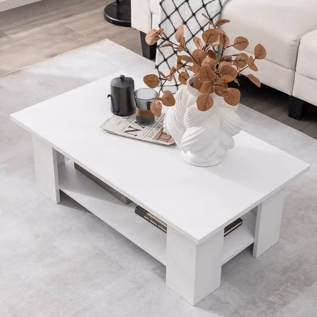 KORVIXA 2-Tier Modern Wooden Coffee Table with Storage Shelf in White, W x D: 100 x 100 cm – 1
