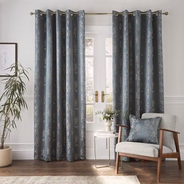 Wilstone Midnight Blue Floral Blackout Eyelet Curtains with Thermal Insulation