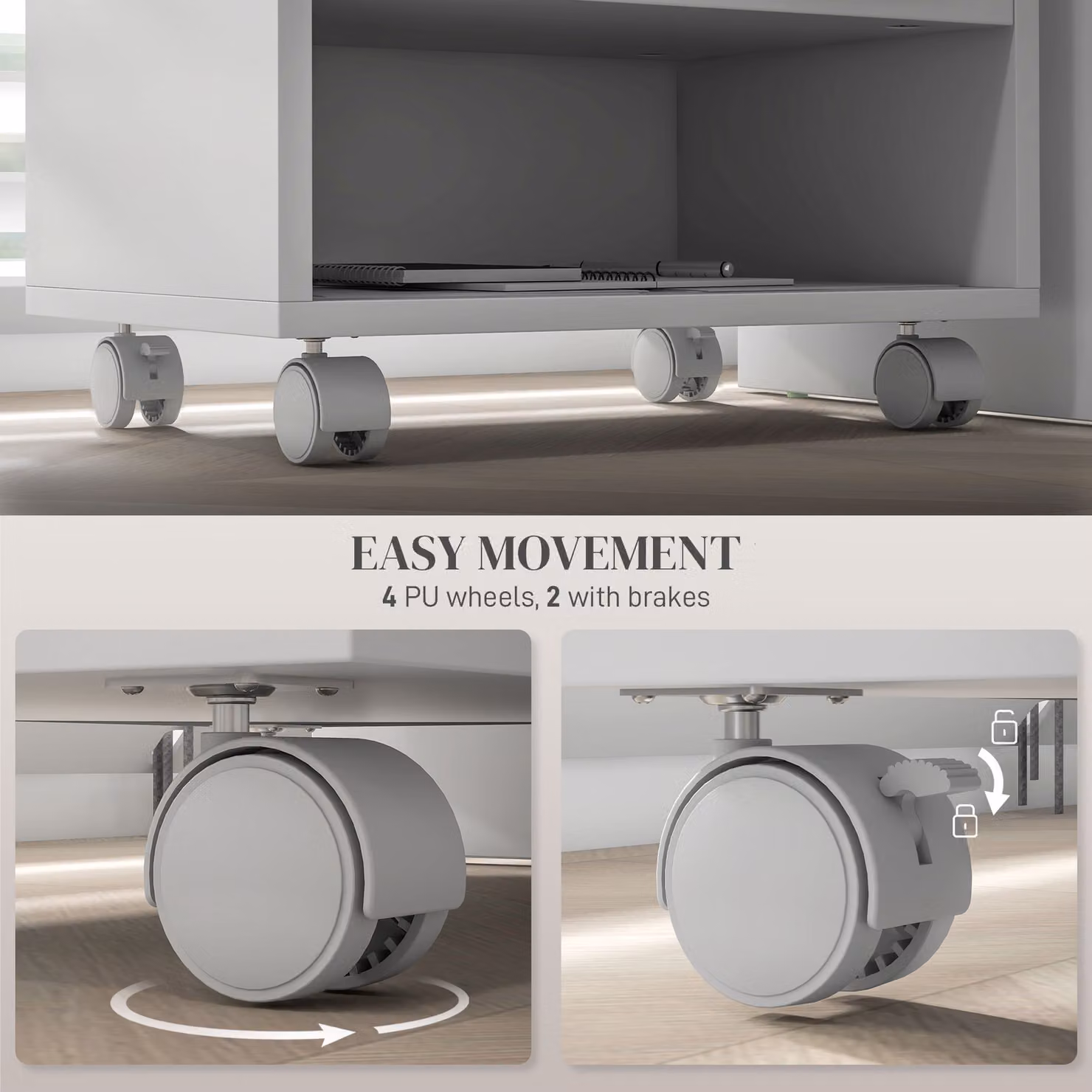 HOMCOM 2-Tier Printer Stand with Storage and Wheels, White Under Desk Printer Cart for Home Office – 3