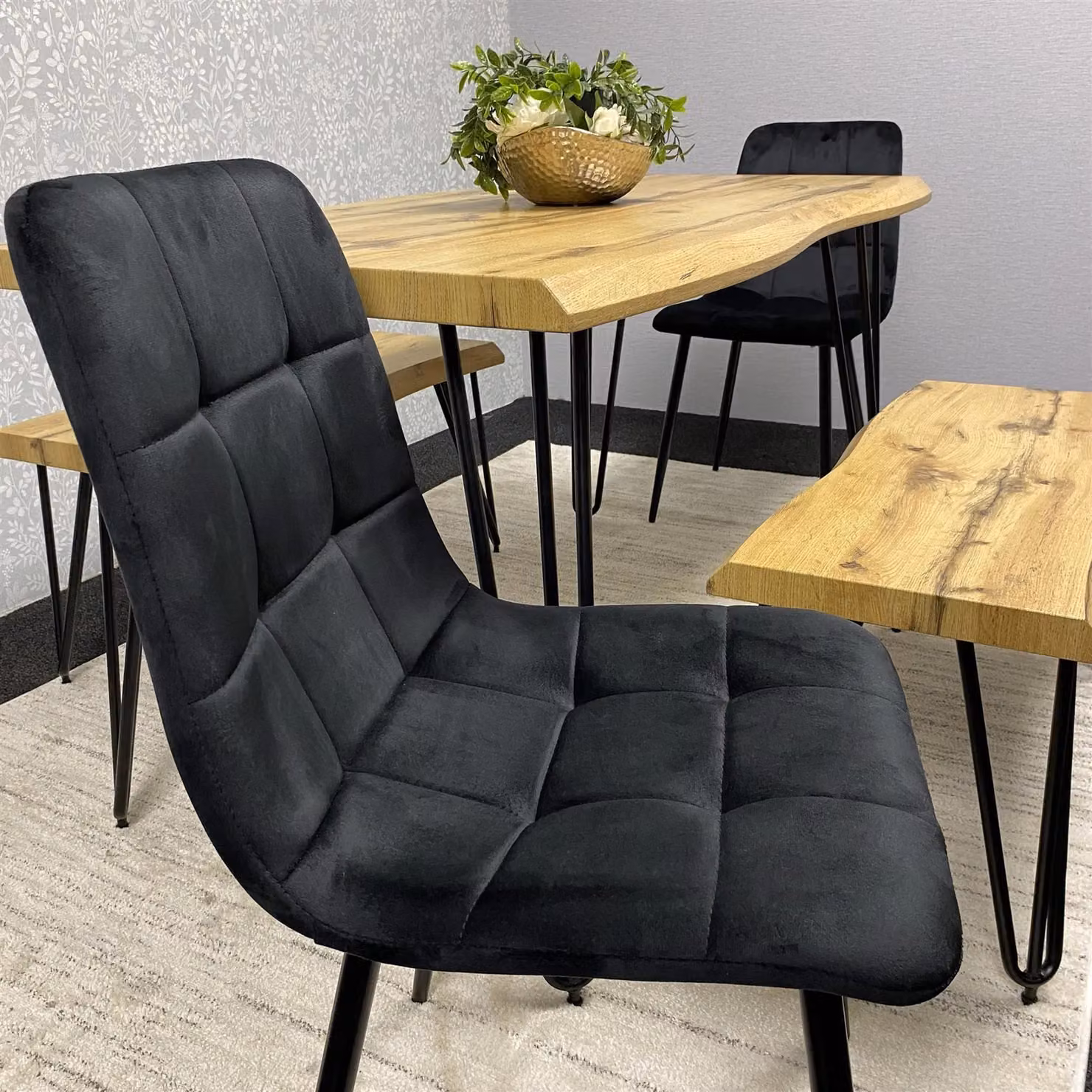 Kosy Koala Modern Dining Table Set with 2 Black Velvet Chairs and 2 Benches in Brown – 4