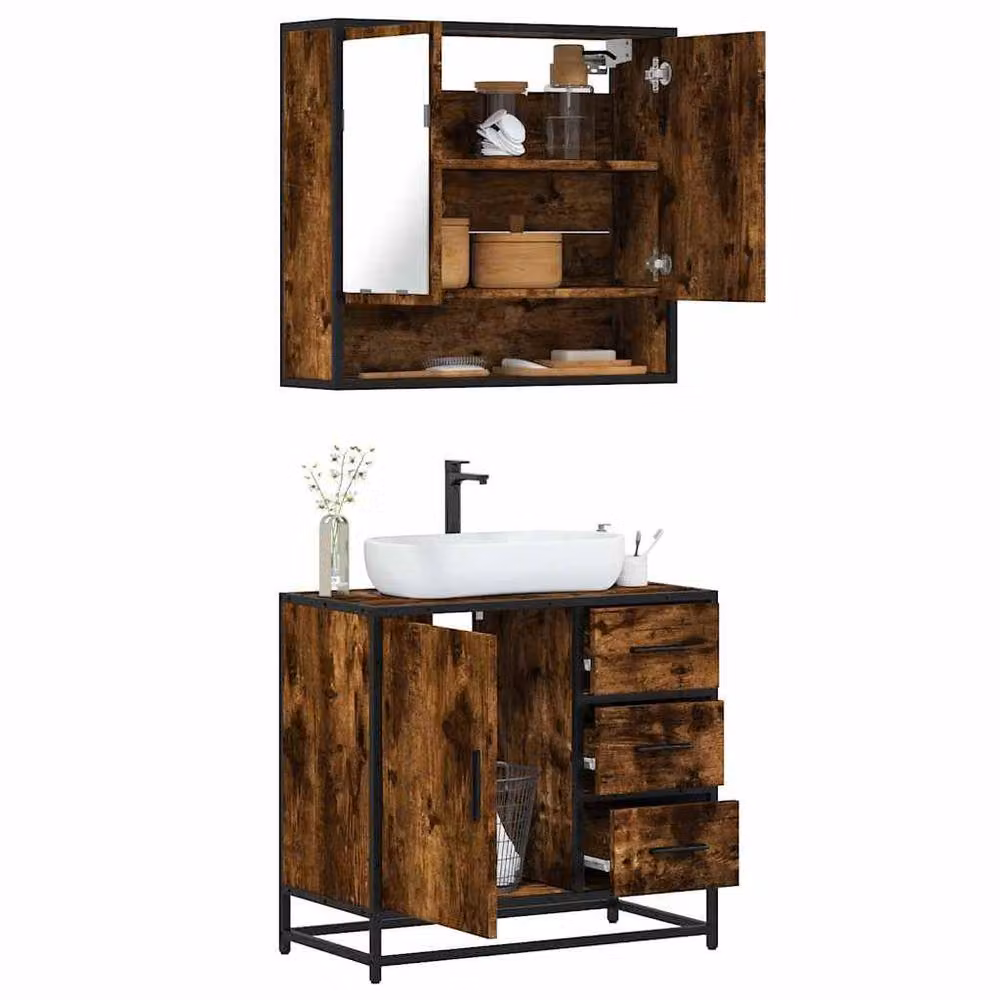 Berkfield Home 2 Piece Industrial Bathroom Furniture Set in Smoked Oak Brown, featuring a Vanity Unit and Mirror Cabinet – 2