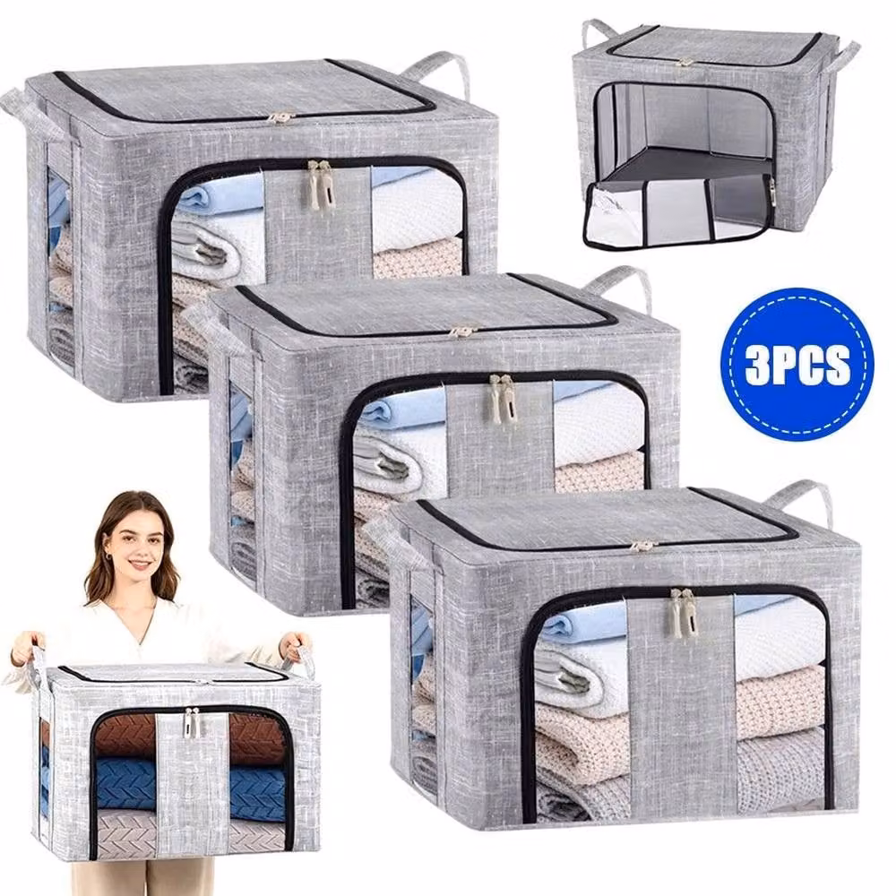FORGEVIO 3-Piece Set of 66L Folding Fabric Storage Boxes with Lids in Grey – 5