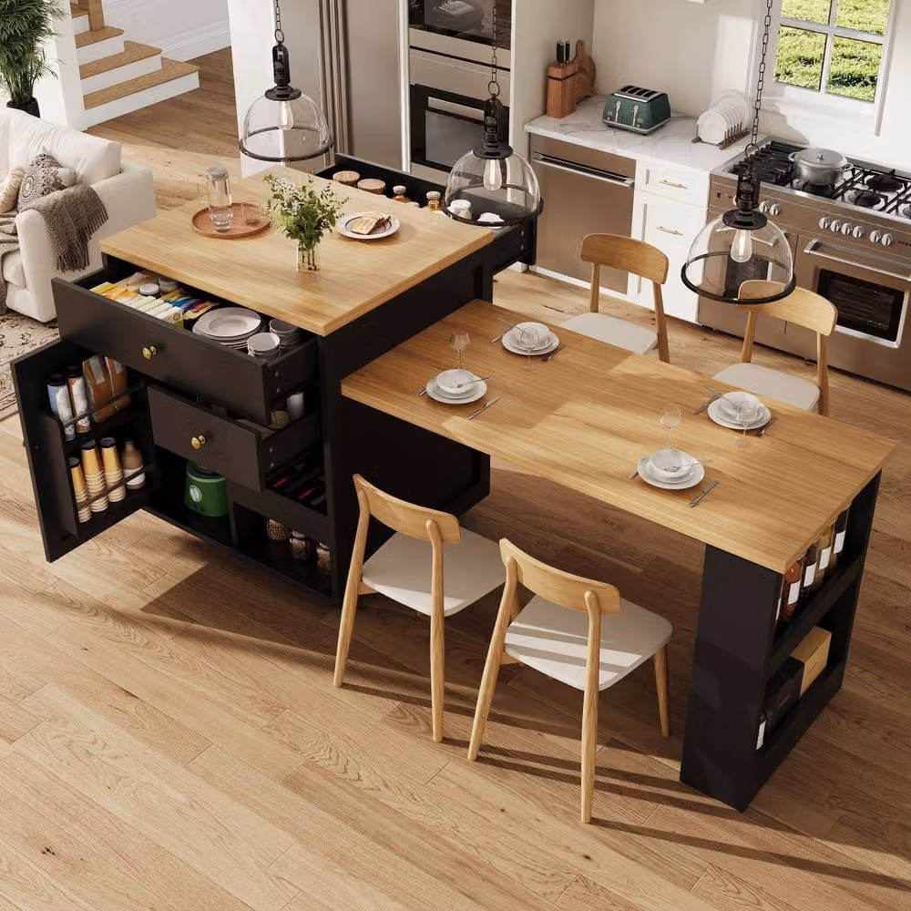 Rolipo Black Extendable Modern Kitchen Island with Storage and Wine Rack – 3