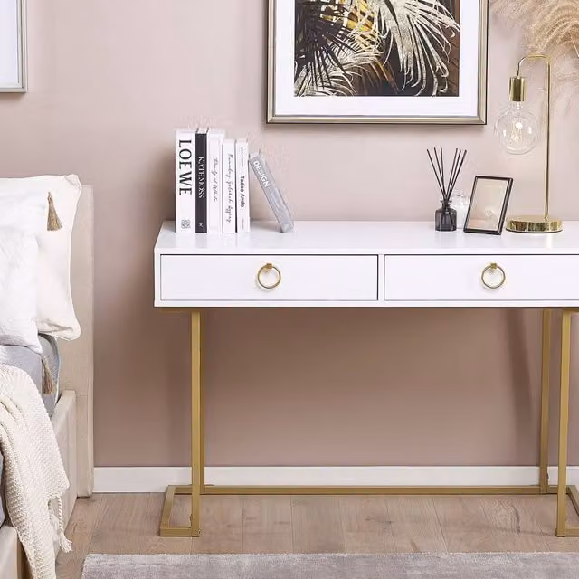Wyld and Coco White and Gold Console Table with 2 Drawers, W: 115 cm, D: 50 cm, H: 77 cm