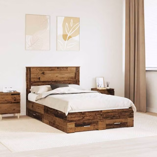 Berkfield Home Bed Frame with Headboard in Old Wood Brown, W/D/H: 120 x 190 cm – 1