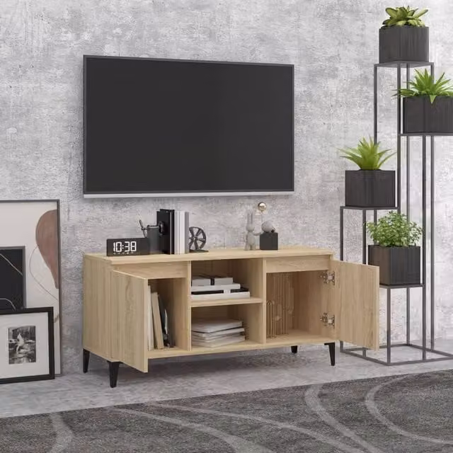 Berkfield Home TV Cabinet in Sonoma Oak and Beige with Metal Legs, W: 103.5 cm, D: 35 cm, H: 50 cm – 1