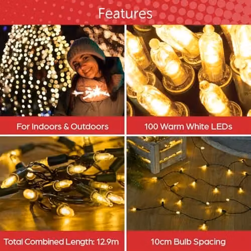 The Christmas Workshop 100 Warm White LED Christmas Tree Fairy Lights, 12.9m Length, Indoor and Outdoor Use – 3