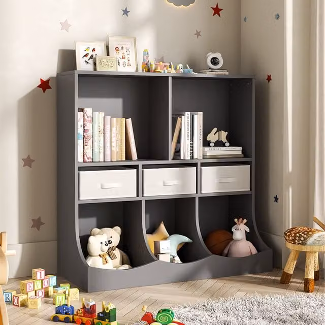 Livingandhome 3-Tier Open Style Childrens Toy and Book Storage Cabinet with 3 Drawers in Grey