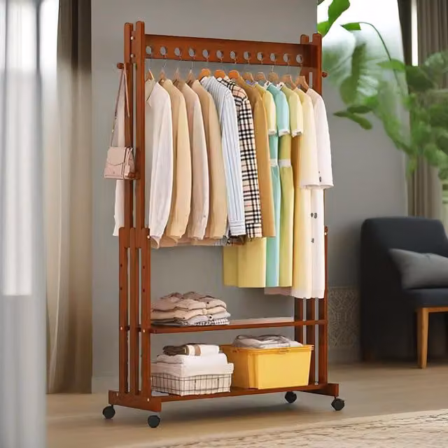 Rafaelo Mobilia Bamboo Clothes Rail with Shelves and Wheels in Dark Brown Walnut – 1