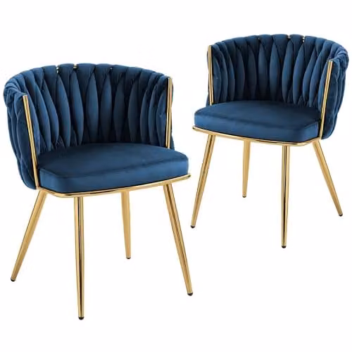 HOMCOM Set of 2 Modern Velvet Upholstered Armchairs with Metal Legs in Blue and Gold – 1