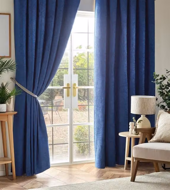 Luxury Living Blue Chenille Blackout Pencil Pleat Top Curtains, Width: 168 cm, Drop: 137 cm – 1