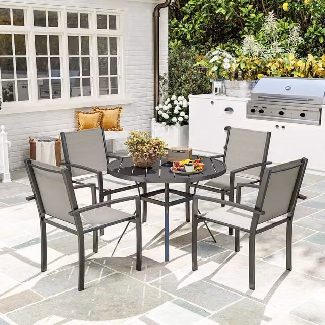 Outsunny 5 Piece Modern Garden Furniture Set with Round Table and 4 Stackable Chairs in Dark Grey