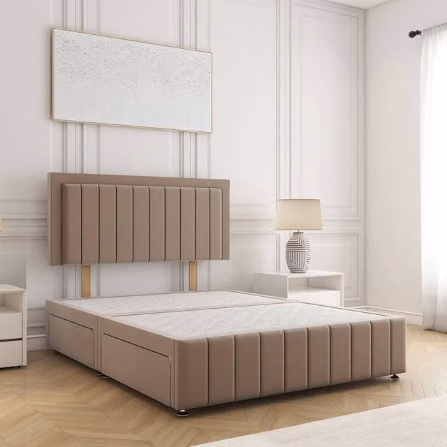 BSSPOKE Sophia King Size Divan Bed with 24 inch Plush Headboard and 2 Drawers in Taupe Velvet Fabric, W/D/H: 180 x 200 x 61 cm