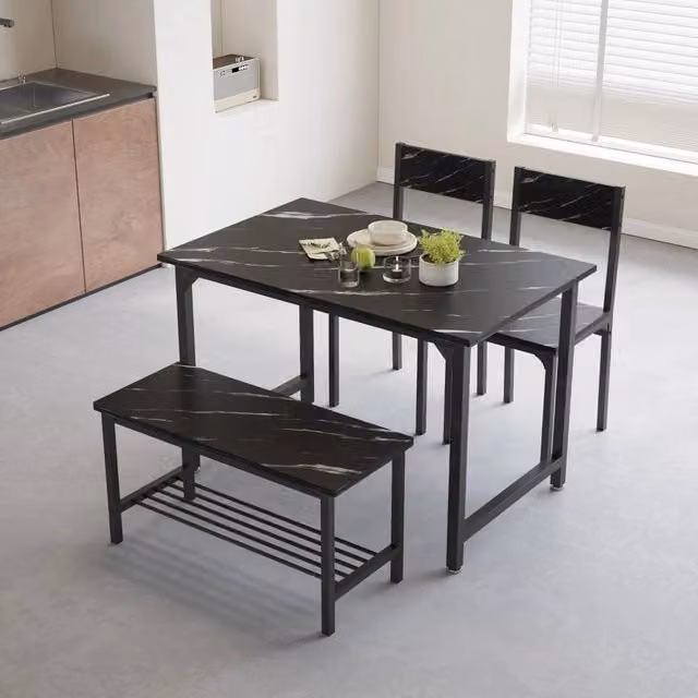 VOGREX 4-Piece Modern Black MDF and Metal Dining Set with Rectangular Table, Bench and Chairs – 1