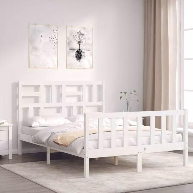 Berkfield Home Beautiful Bed Frame with Headboard in White Solid Pine, W/D/H: 140 x 200 x 104 cm – 1