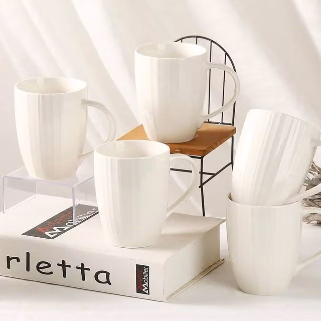 Simpa White Striped Porcelain Elegant Mug Set, 500 ml, Set of 6