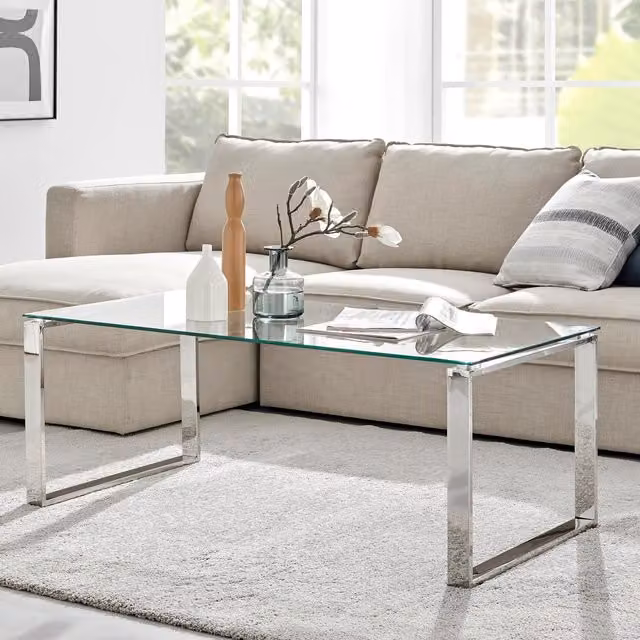FurnitureboxUK Miami Modern Rectangular Clear Glass Coffee Table with Silver Metal Legs, W/D/H: 120 x 60 x 40 cm