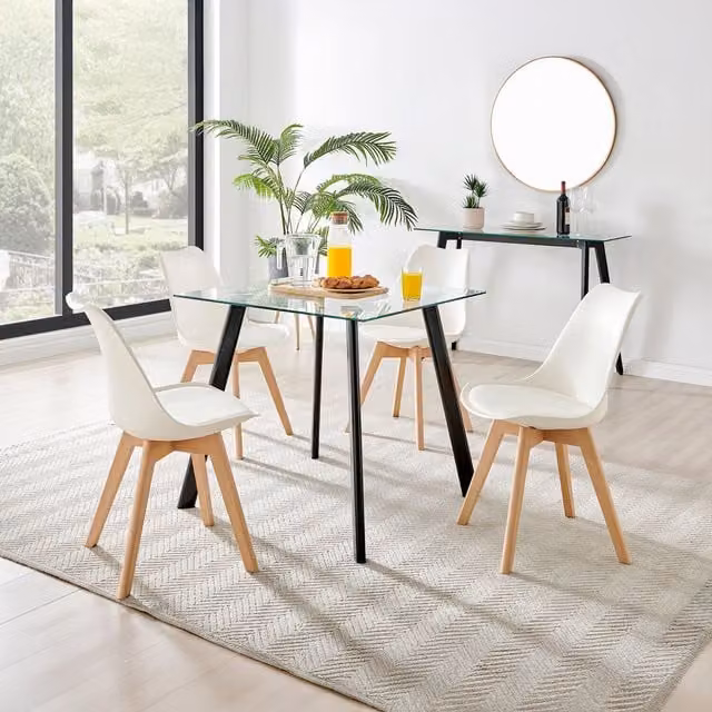FurnitureboxUK Seattle Square Glass Dining Table with 4 Stockholm White Wooden Leg Chairs