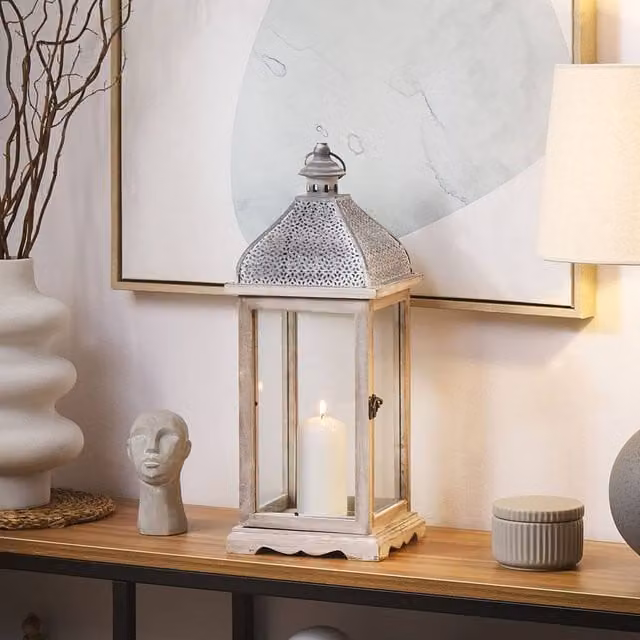 Wyld and Coco White Metal and Glass Pillar Candle Holder Lantern, Height: 47 cm – 1