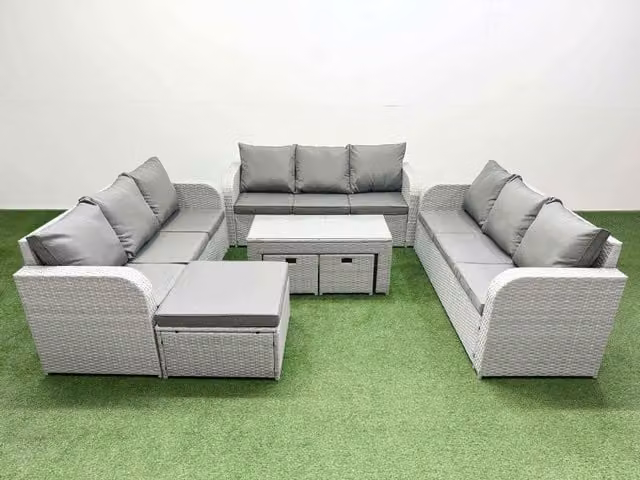 Fimous 12 Seater PE Rattan Garden Furniture Set in Light Grey with 3 Seater Sofa, Coffee Table and 3 Ottomans