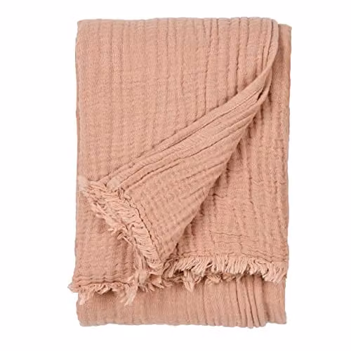 Riva Home Pink Cotton Muslin Woven Throw with Fringes W/D/H: 240 x 260 cm