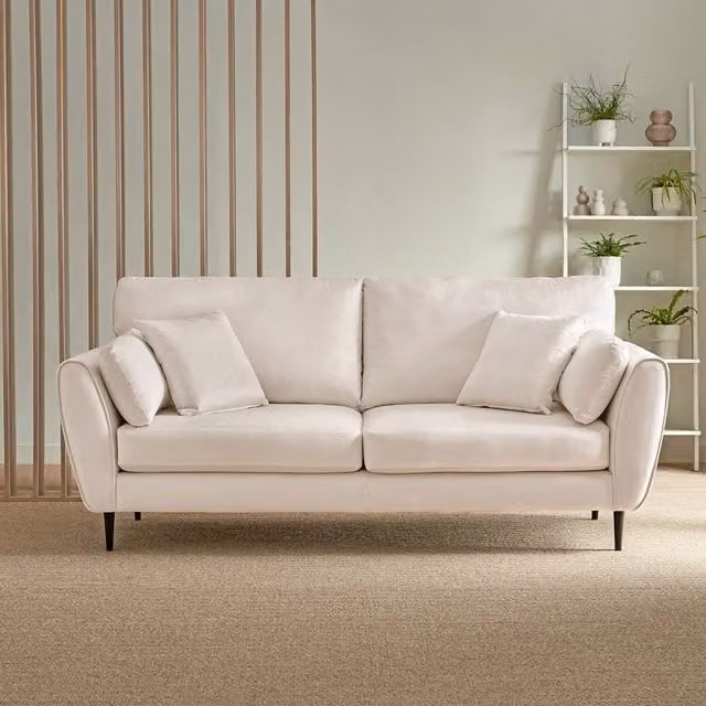Furniturebox Ida 3 Seater Velvet Living Room Sofa in Beige with Scatter Cushions and Solid Wood Frame