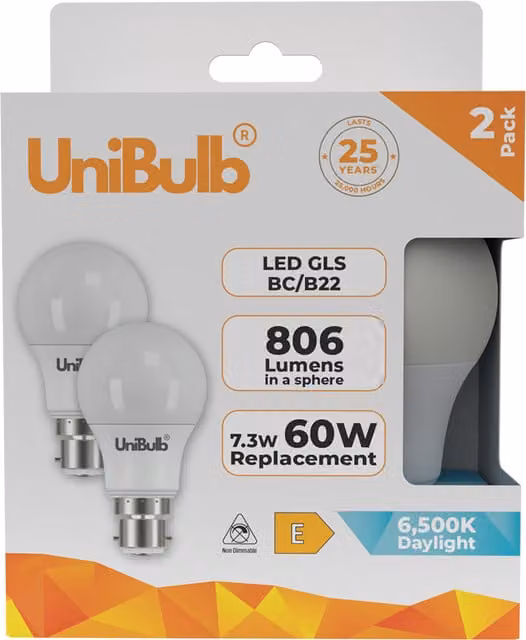 UniBulb LED GLS B22 Globe Bulb, 806lm, 7.3W, 6500K Daylight White