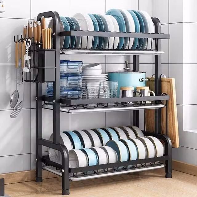 FORGEVIO 3 Tier Metal Dish Drainer Rack with Drip Tray in Black – 1