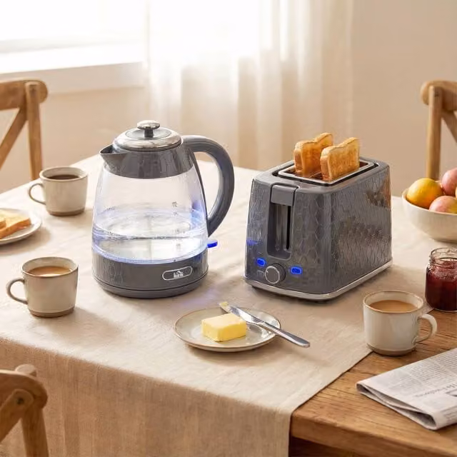 HOMCOM Grey Kettle and Toaster Set with Limescale Filter and Crumb Tray