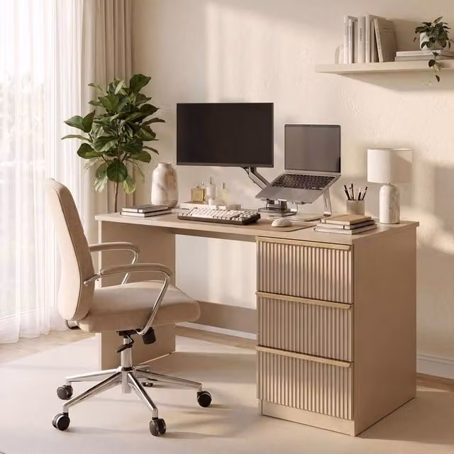 FWStyle Lania 3 Drawer Beige Dressing Table and Study Desk with Scallop Design – 1