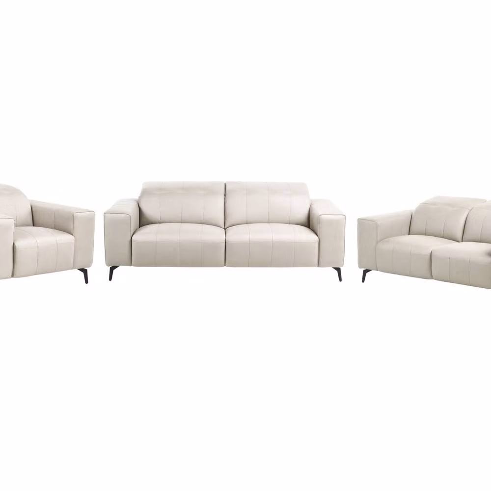 Wyld and Coco 3-Piece Modern Sofa Set in Beige Faux Leather with Adjustable Headrests and Metal Frame – 2